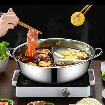 28/30cm Twin Divided Hot Pot Stainless Steel Hotpot Kitchen Cooker Home Cooking Cookware Dish Plate Compatible Cooker Gas Stove