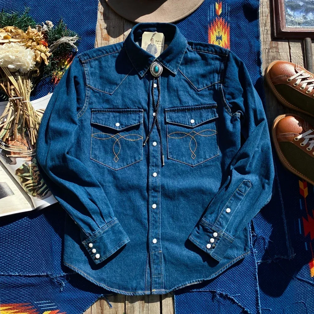 Tailor Brando American Retro Heavyweight Long Sleeve Shirt Classic Pocket Flower Jewel Button Western Denim Men's Slim Fit Shirt