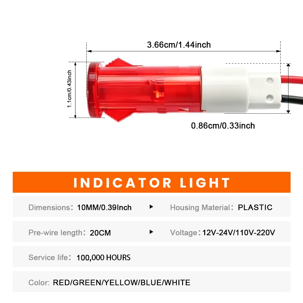 5개 FILN 10mm LED 표시등 12V 24V 110V 220V PA66 방수 신호등 파일럿 대시 방향등 (자동차/보트용)