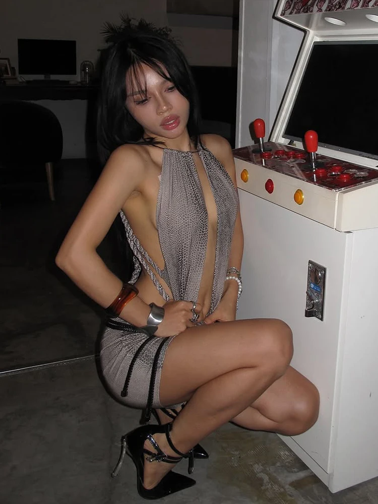 Nibber Sexy Snake Print Dress Women Metal Ring Twisted Rope Sleeveless Deep v-Neck Skinny Midnight Coquett Wild Mini Bodycon