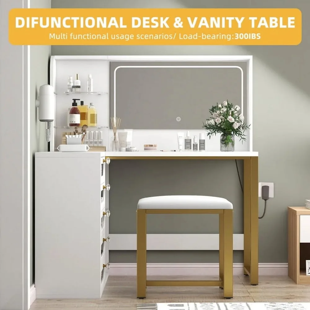 Makeup Vanity with Lighted Mirror, Modern Vanity Table Set with Stool, L Shaped Dressing Table with 5 Drawer, Makeup Vanities 2
