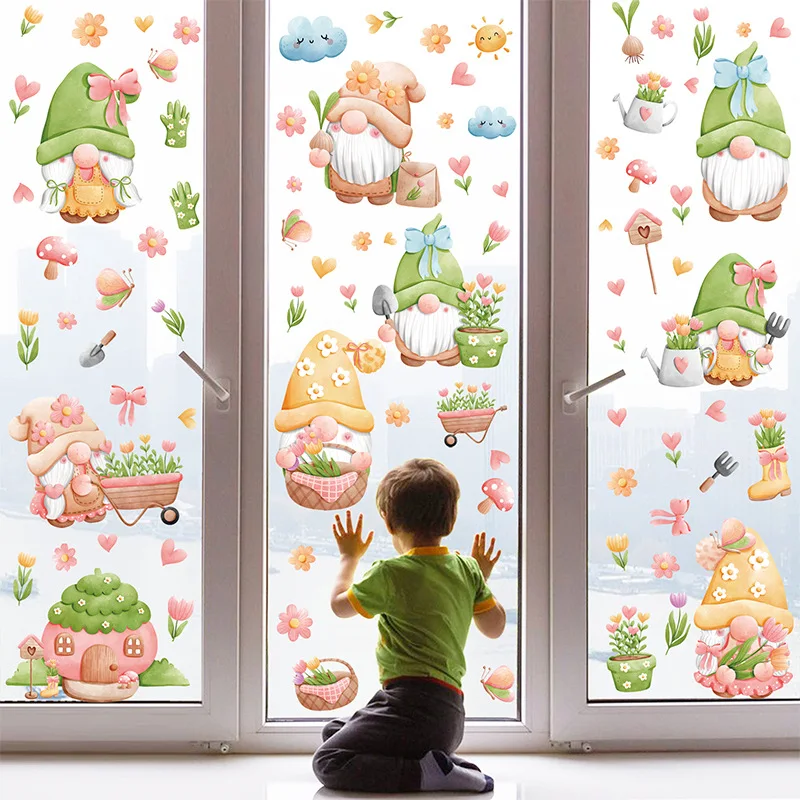 9 Sheets Spring Gnome Static Window Sticker Double Sided Faceless Doll Window Decals Stickers Party Supplies Home Decor