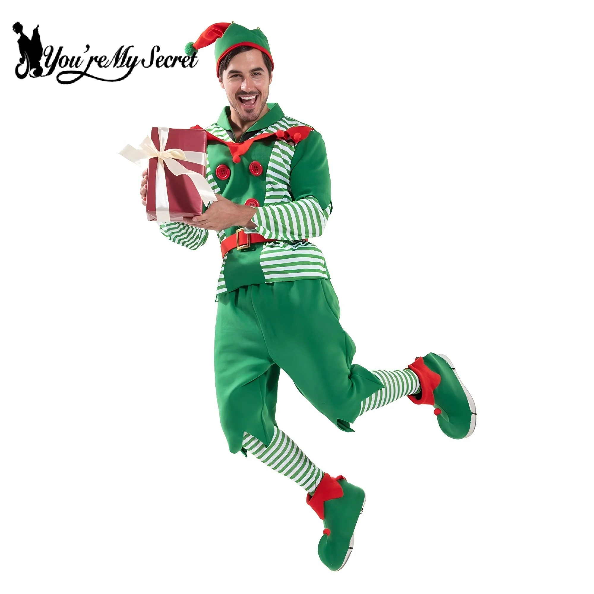 You're My Secret Christmas Santa Claus Costume Green Elf Cosplay Family Carnival Party New Year Fancy Dress Clothes Set For Men