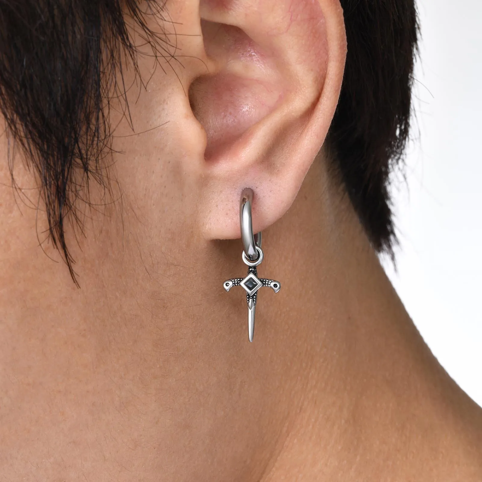 Men Cross Earrings Dangle Hinged, Waterproof Stainless Steel Cross Hoop Huggie Earrings with Black Stone Jewelry