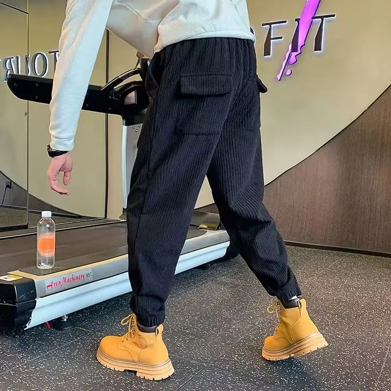 Autumn Winter Solid Color Fashion Elastic Waist Ankle Length Pants Man High Street Casual Thicken Warm Pockets Haren Trousers