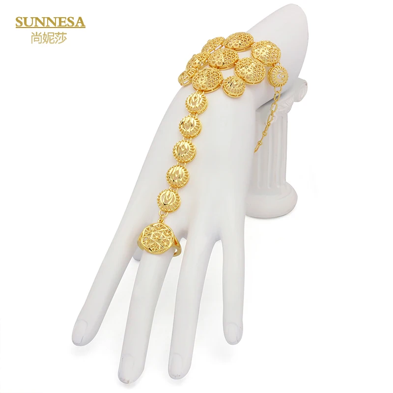 

Комплект колец и браслетов SUNNESA из позолоченного золота 18 карат в итальянском стиле, модные африканские ювелирные изделия, очаровательные браслеты, кольца с задней цепочкой, все в одном для женщин