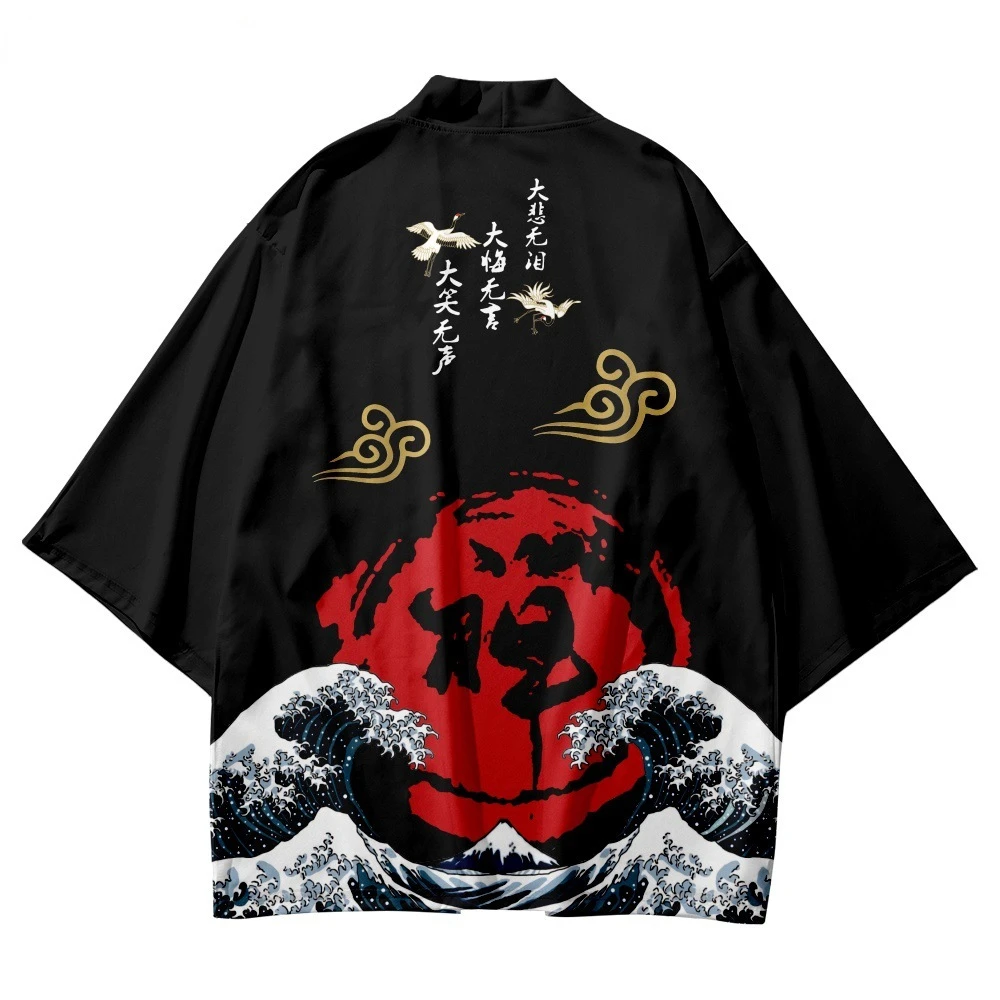 Japanese Style Traditional Wave Print Cardigan Kimono Women Men Cosplay Haori Beach Yukata Samurai Asian Tops Clothing