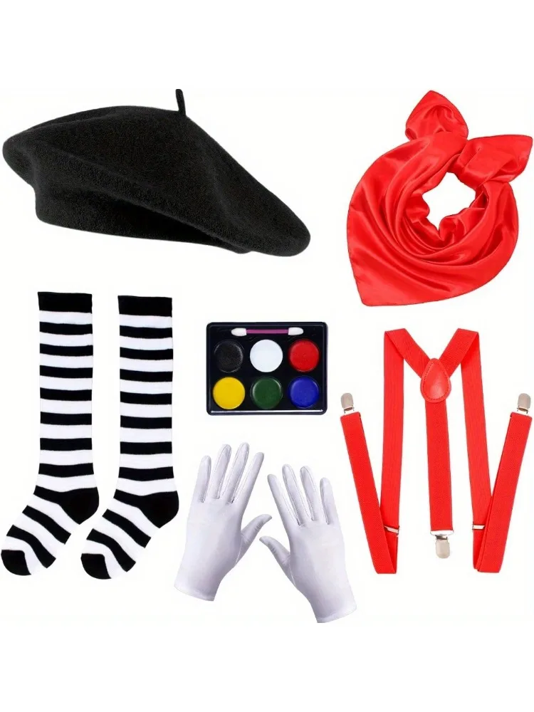 PESENAR Mime Artist Accessories 6Pcs with Beret Hat Suspender Scarf Gloves Face Paint Socks for Halloween mime Costume cosplay hats game cosplay props animal costume set disco hip hop costume set lolita gloves anime cosplay socks cosplay scarf cowl anime gloves