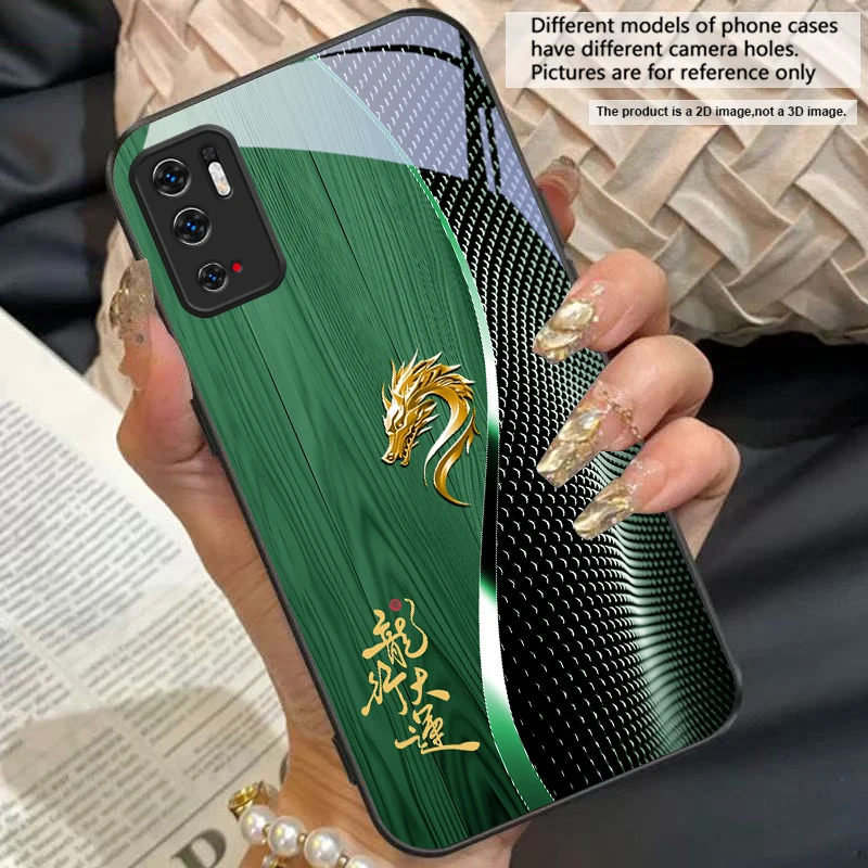 Elegant Black Tempered Glass Phone Case with Traditional Dragon Totem Design