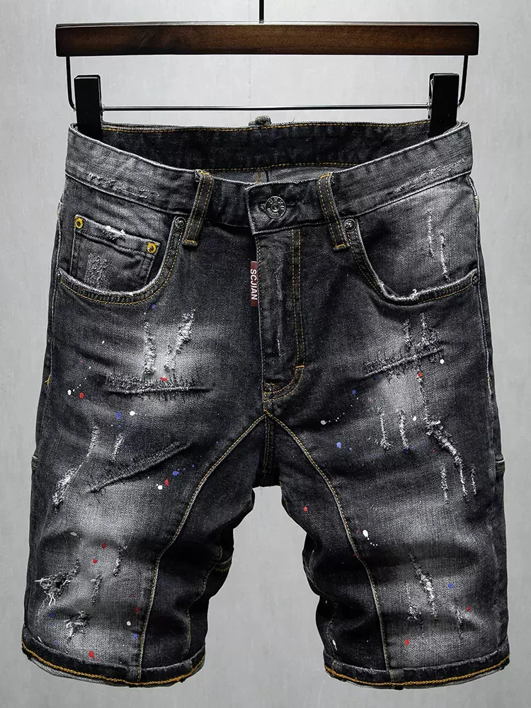 Summer Fashion Men Jeans Retro Black Gray Stretch Elastic Spliced Ripped Short Jeans Painted Designer Hip Hop Denim Shorts Men