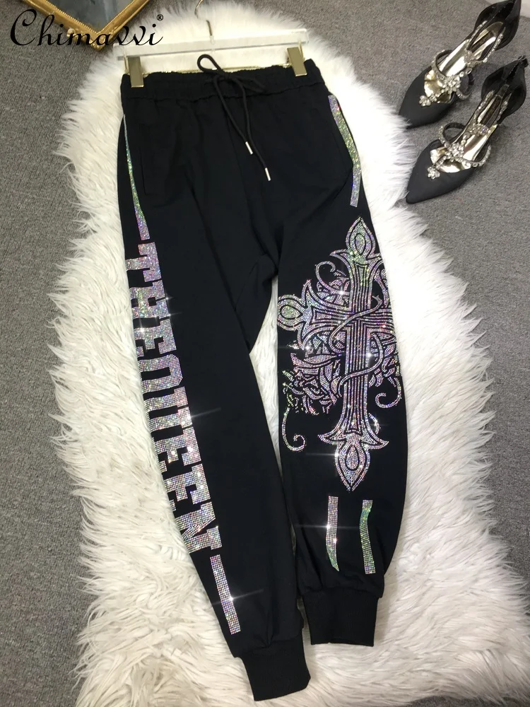 

European Heavy Hot Drilling Sweatpants Fashion Big Wings Luxury Elastic High Waist Slimming Black Ankle Banded Pants Autumn New