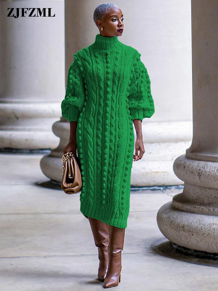 

Casual Lounge High Neck Knitted Long Dress Homecoming Clothes For Women 3/4 Sleeves Side High Split Loose Dresses Leisurewear