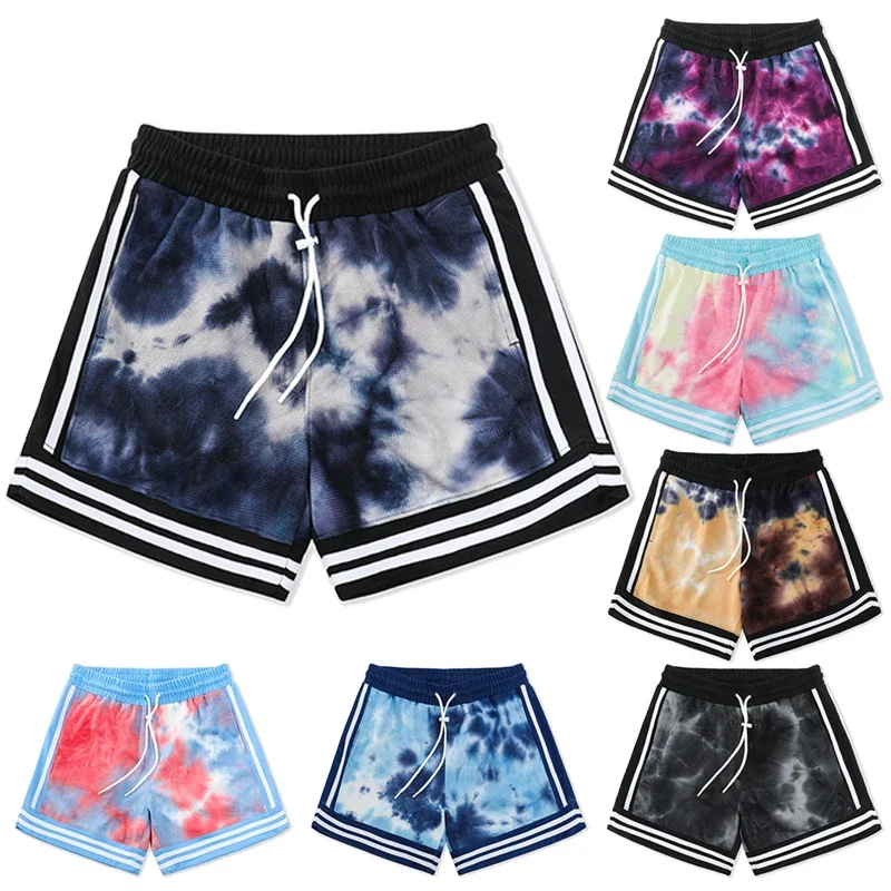 Men Running Shorts Tie-Dye Style Colourful Hawaiian Print Beach Pants with Pockets Casual Sports Shorts Training Clothing