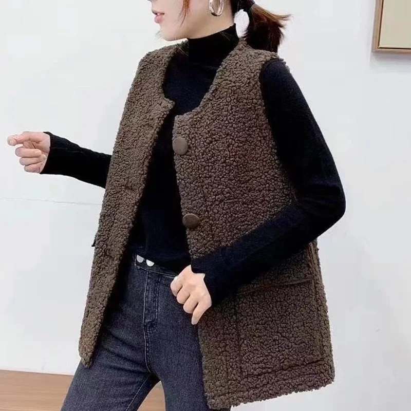 

Женский Свободный жилет из овечьей шерсти, элегантная винтажная плотная куртка в Корейском стиле без рукавов, Слитная Меховая куртка, зима 2023