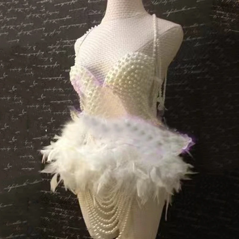 Sexy Pole Dance Bikini Festival Outfit Drag Queen Costume feather Pearls Bodysuit Women Stage Performance Wear