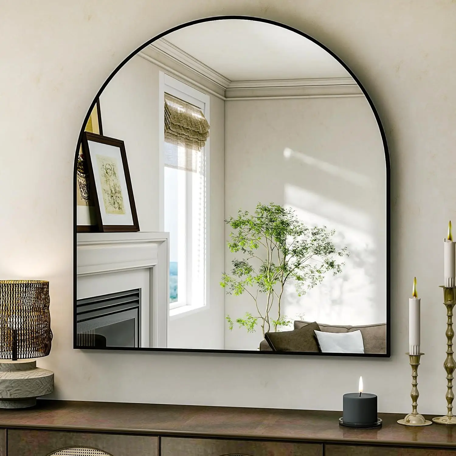 Arched Bathroom Mirror. 32x34". Wall Mounted. Aluminum Frame. Living Room, Bedroom, Bathroom, Entryway. Hanging/Leaning. Black.