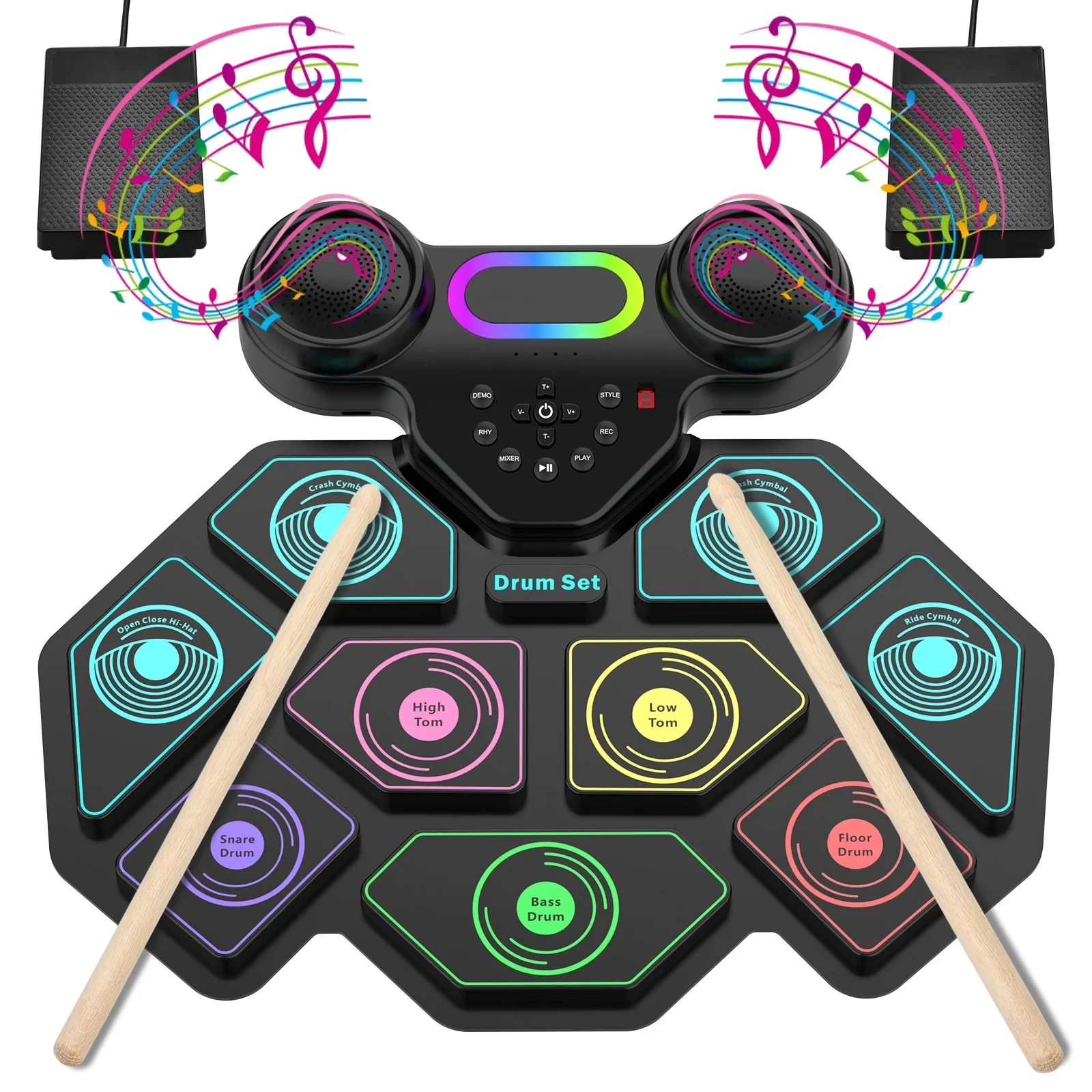 PERKEO 9 Pads Portable Electronic Drum Sets Kit For Kids Adults with Headphone Jack & Speaker