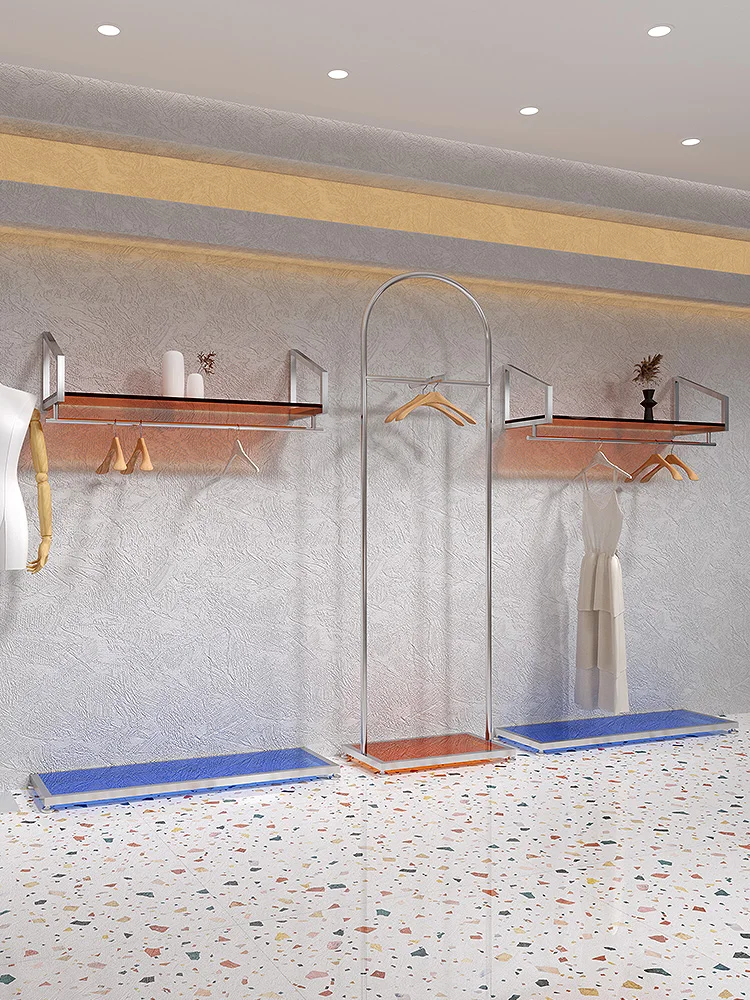 

Wall-mounted Clothing Store Display Rack, Stainless Steel, Acrylic Hanging Clothes Rack, Women's Special Display Shelves