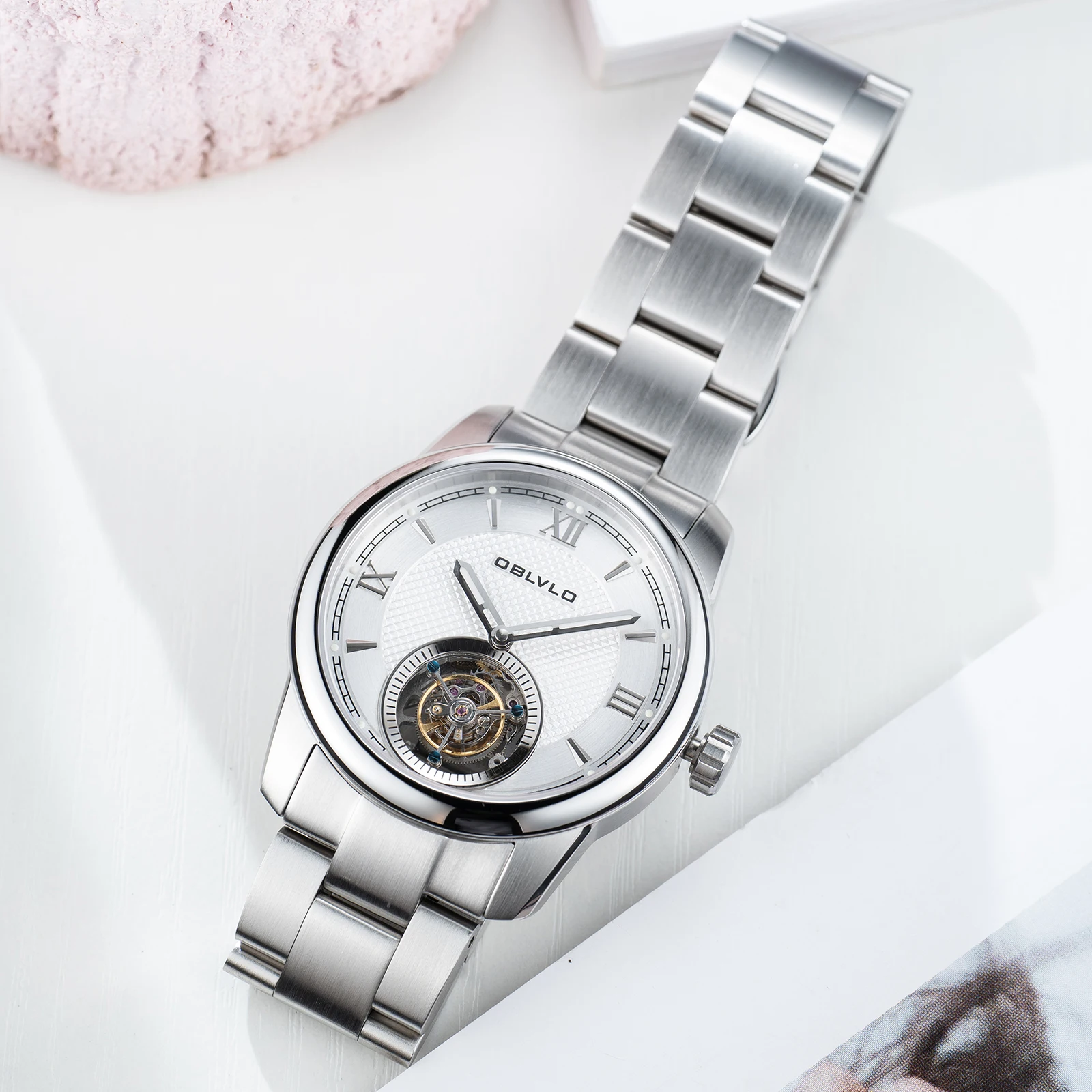 自動巻き時計 シルバー 透明バックケース Oblvo-男性用自動巻き時計,ステンレススチール,透明なケースバック