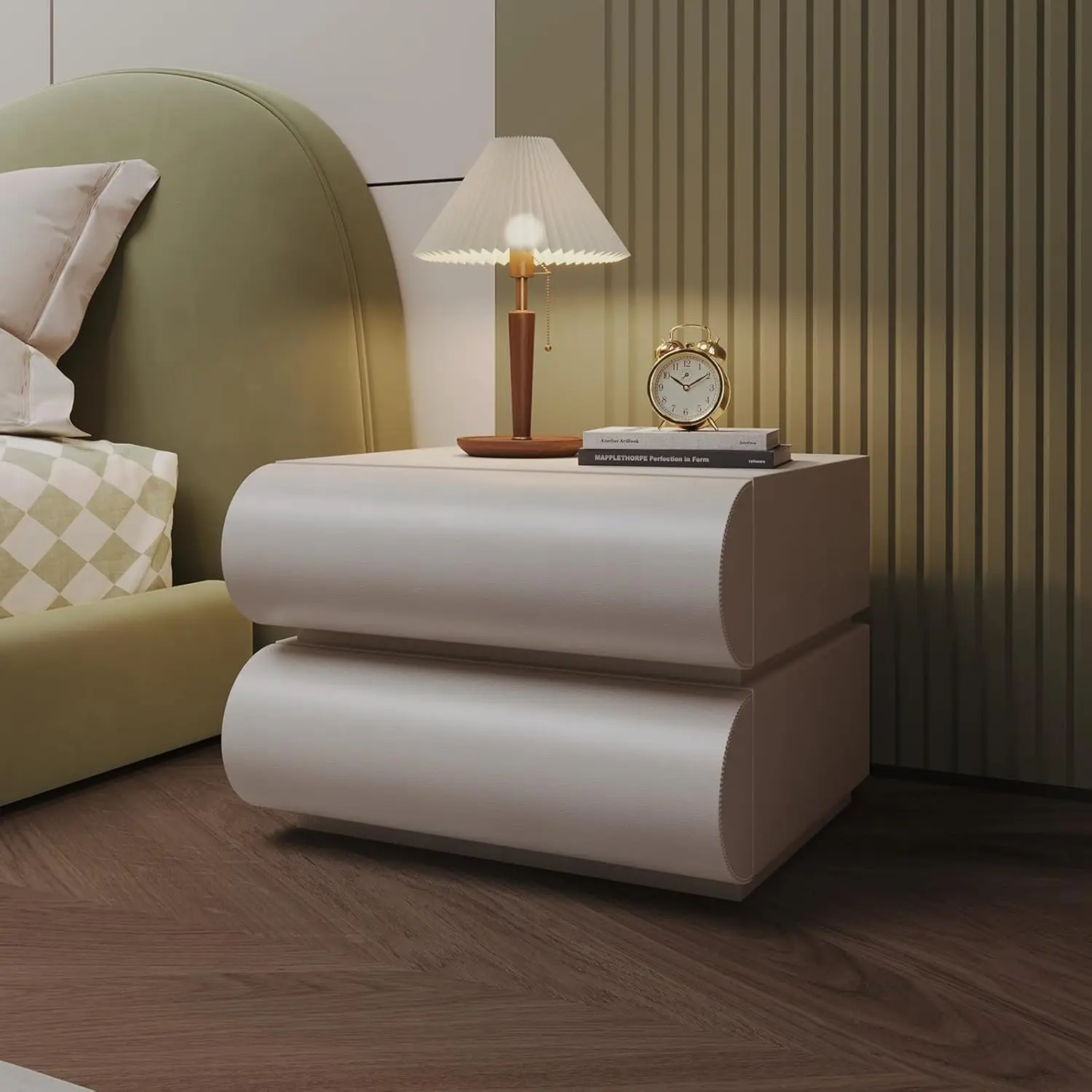 with 2 Drawer, Bedside Table with Microfibre Leather, Fashion Night Stand for Bedroom, No Assembly Required-White