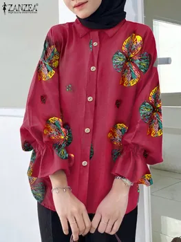 Elegant Women Long Flare Sleeve Blouse ZANZEA Autumn Vintage Floral Printed Shirt Holiday Blusas Turkey Abaya Hijab Muslim Tops 3