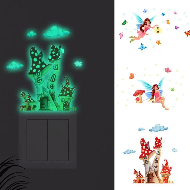 Glow In The Dark Stickers For Wall Glowing Fairy Wall Stickers Fairy Beauty Glow Mushroom Decals Soft Light Cartoon For Girls