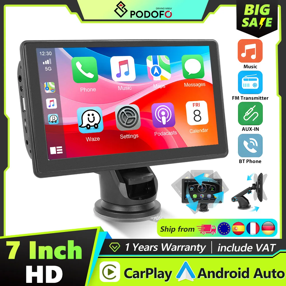 Radio para Auto Podofo con Carplay, Android Auto, Mirror Link, Airplay, Visión Nocturna, Reproductor Multimedia Universal para Auto, Sonido EQ, FM, Tarjeta SD/TF, BT 1