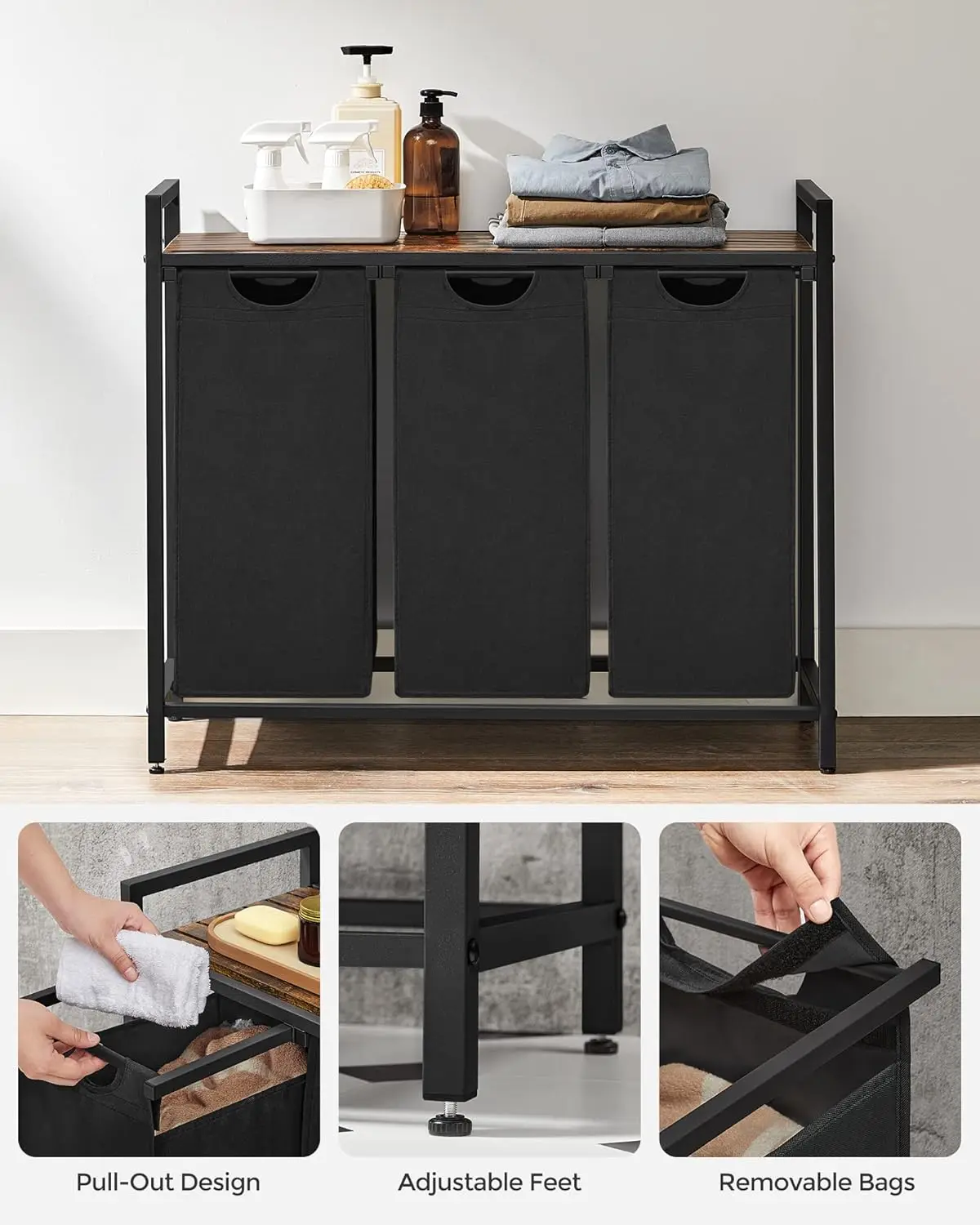 Laundry Hamper, Laundry Basket, Laundry Sorter with 3 Pull-Out and Removable Bags, Shelf, Metal Frame, 3 x 10 Gallons (38L)