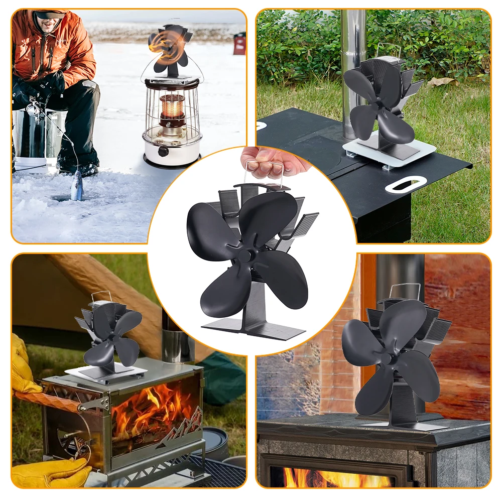 Black Fireplace Fan 4 Blade Heat Powered Stove Fan komin Log Wood Burner Eco Friendly Quiet Home Efficient Heat Distribution Fireplace Fan