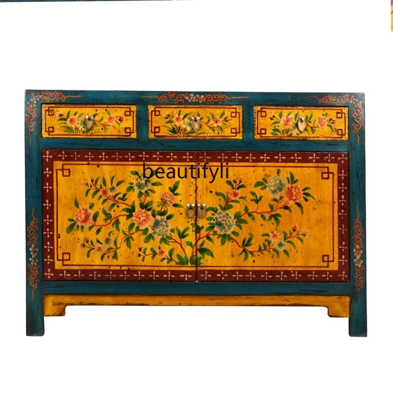 

New Chinese Style Elm Entrance Cabinet Hand Painted Side Cabinet Shoe Cabinet Living Room Antique Sideboard Cabinet