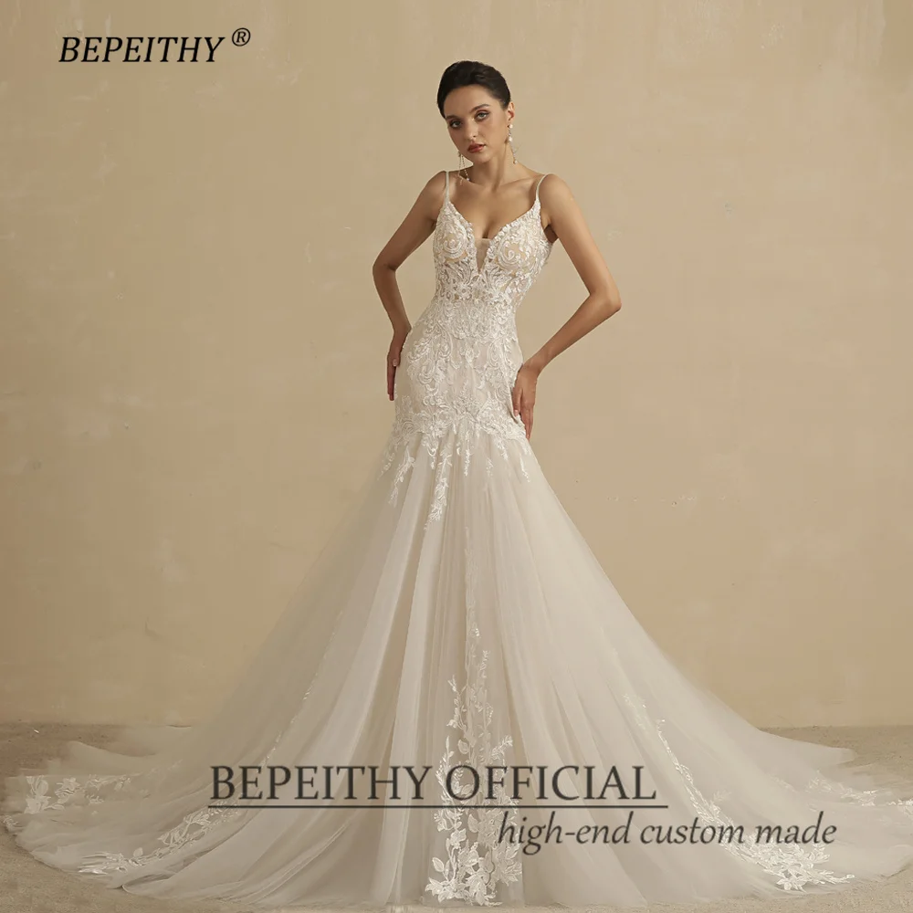 BEPEITHY Sexy Backless Trumpet Lace Wedding Dresses For Women 2022 Bride V Neck Sleeveless Ivory Summer Mermaid Bridal Gown