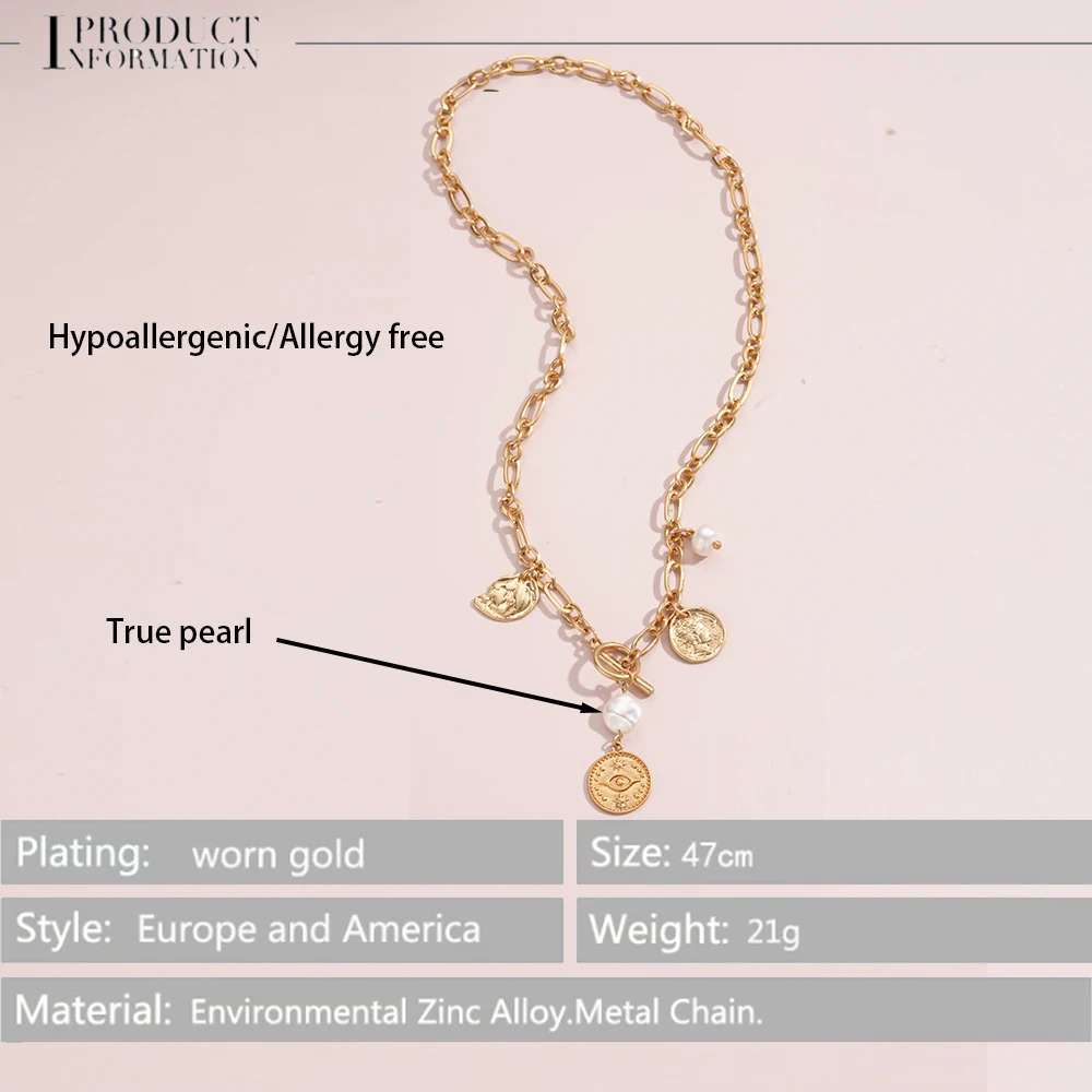 Designer Inspired Pearl Jewelry Pendant Necklace For Women Vintage Old Coin Gold Stainless Steel Chain Lady Casual Party Wear
