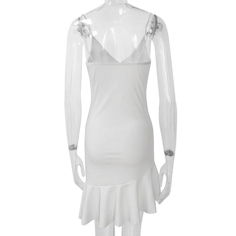 Summer Sexy Bodycon Dress for Women V Neck Elegant Ruffles 2023 Strap Sleeveless Office Lady Vintage Party White Dress 21758