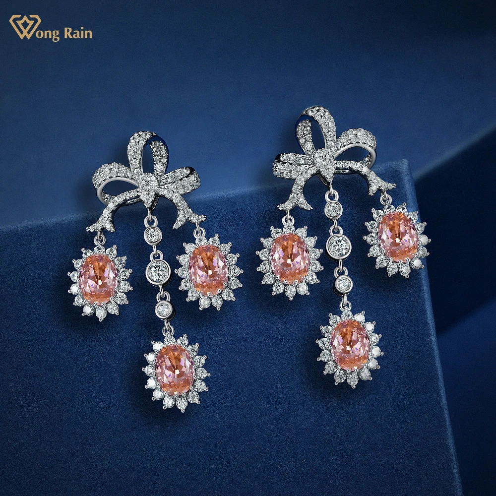 Wong Rain Luxury 925 Sterling Silver Creato Padparadscha Ruby High Carbon Diamond Gemstone Women Ciondola Gli Orecchini Gioielleria Raffinata