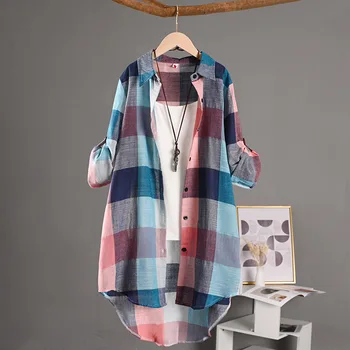 Women's Plaid Shirt Casual Blouses Woman Tops for Women Long Sleeve Long Sleeve Shirts Chic Blouse Check Linen Cotton Clothing 1