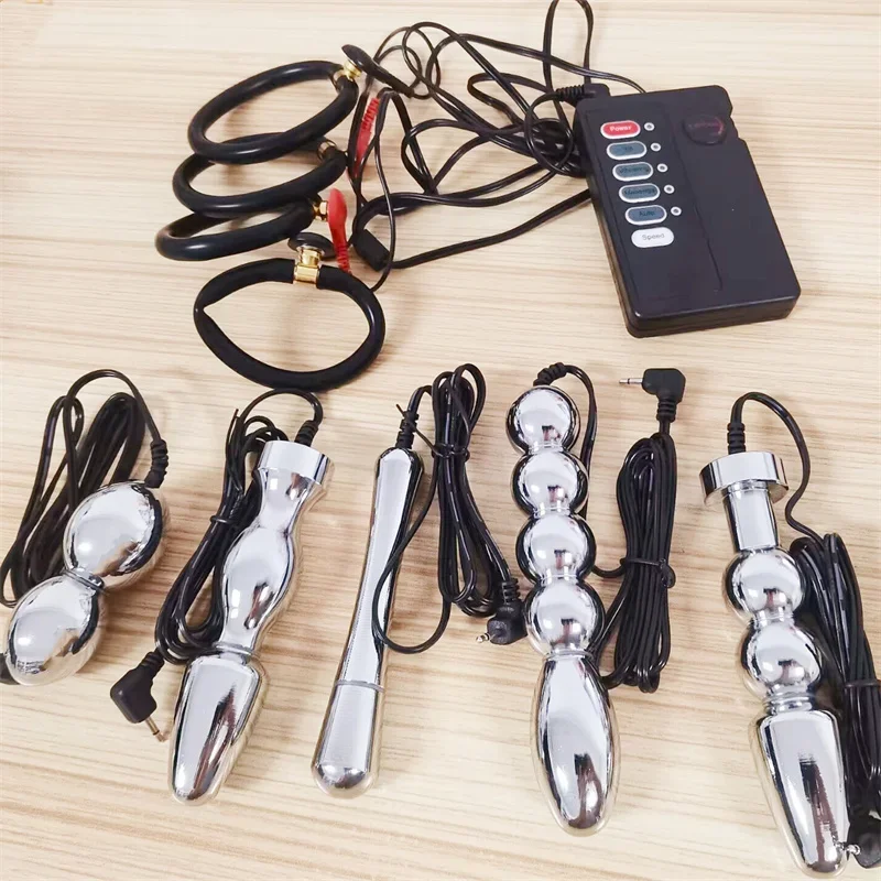 Silicone Cock Rings Metal Anal Beads Butt Plug Prostate Massage Testis Stimulation Electric Shock Sex Toys for Men Adult Games electro sex toys electric sex toys penis rings