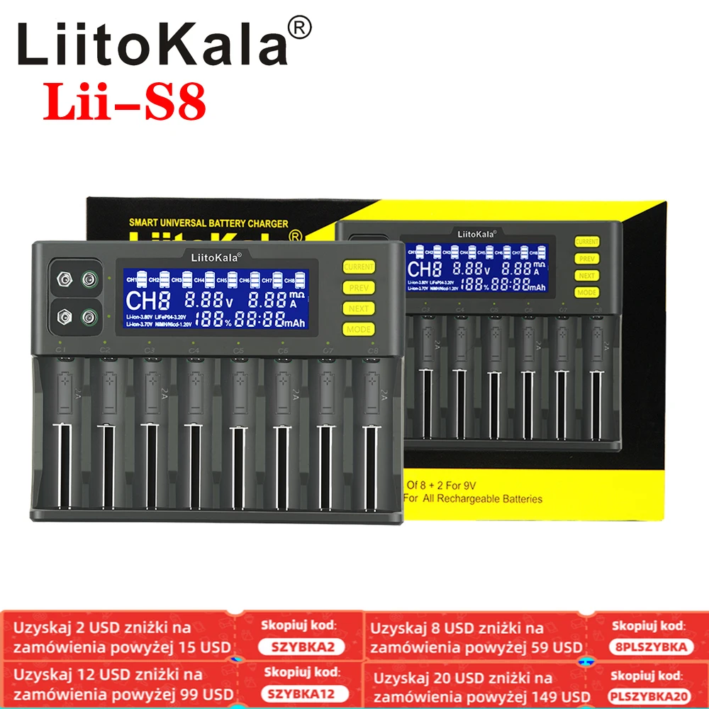 

LiitoKala Lii-S8 8 Slots LCD Battery Charger for Li-ion LiFePO4 Ni-MH Ni-Cd 9V 21700 20700 26650 18650 RCR123 18700