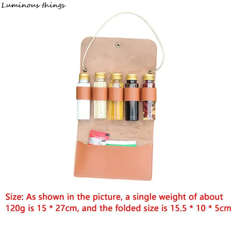 Description Picture 3 of item1X Outdoor Spice Bottle Set Portable Folding Leather Waterproof Large Capacity Camping Hiking Picnic BBQ Seasoning Bag