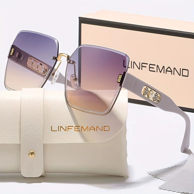 نظارات شمسية عصرية متدرجة بدون إطار من LINFEMAND بإطار بلاستيكي مزين بالزهور اللؤلؤية مع حافظة لهدية مهرجان الصيف للنساء