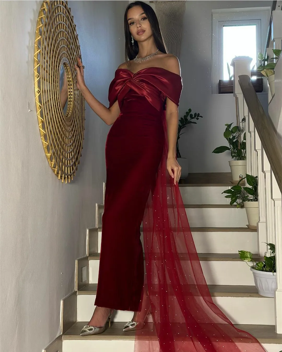 

Elegant Short Burgundy Velvet Evening Dresses Sheath Off Shoulder Satin Ankle Length إفننغ دريسس Robes de Soirée for Women