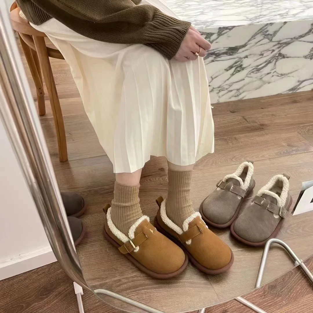 New Women's Fleece Shoes Winter Warm Snow Boots Thick Sole Round Head Comfort Cotton Shoes Casual Bean Loafers Urban