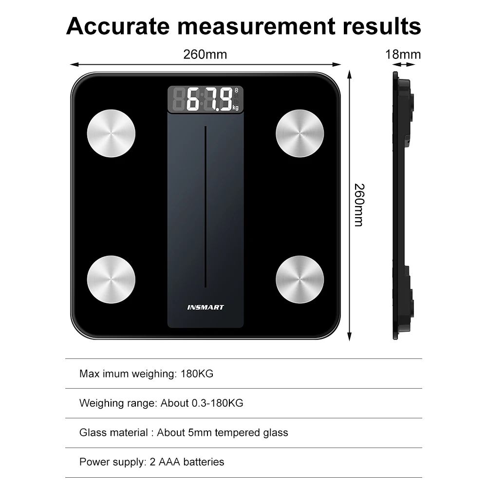 INSMART Bluetooth Bathroom Scale BMI Floor Body Scales LED Digital Smart Weight Scale Body Fat Composition Analyzer Scales