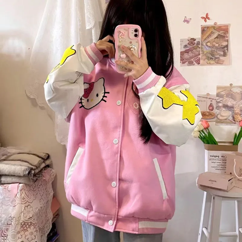 

Новинка, бейсбольная форма Sanrio Hellokitty Kirby с вышитыми звездами, теплая осенне-зимняя Студенческая Милая повседневная одежда для девочек