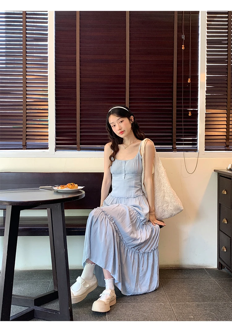 French Elegant Dresses for Women Solid Spaghetti Strap Summer New Ruffles A-line Casual Korean Chic Midi Vestidos Mujer