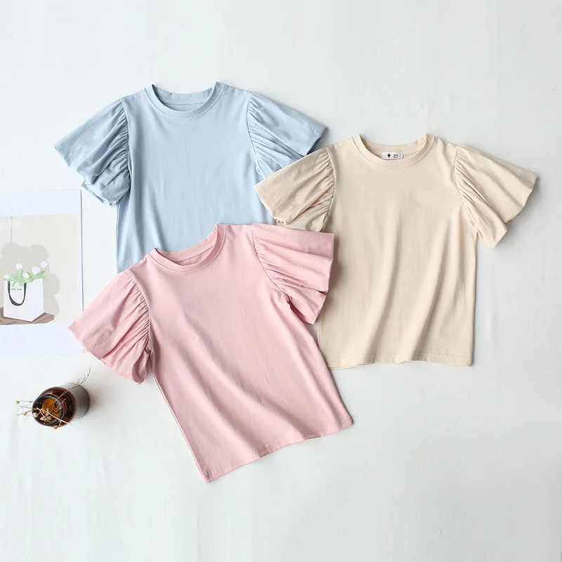 

Girls Summer and Korean Children's Solid Color Puff Sleeve Top Lantern Short Sleeve Girls Clothes Kids Summer Clothes