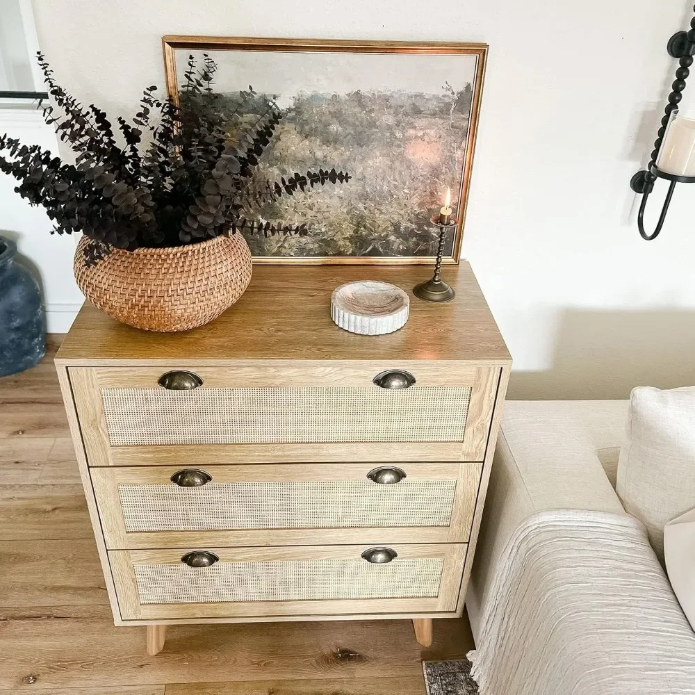2-piece rattan bedside table set, suitable for bedrooms, cabinets with drawers, 3 drawers, rattan cabinets 4