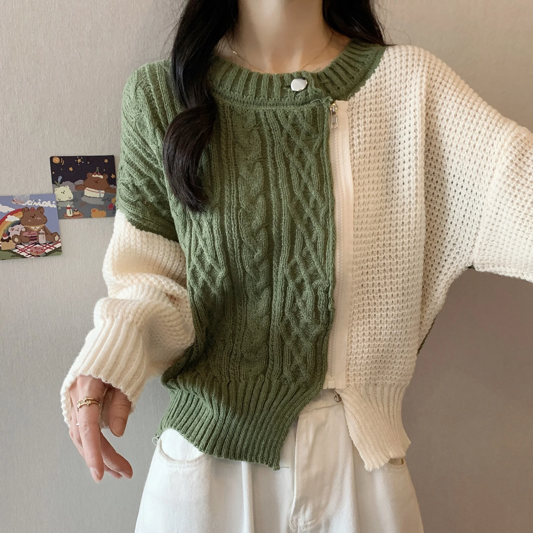 

Autumn Women Knitted Contrasted Colors O-Neck Full sleeve Zipper Cardigan Loose Sweaters Coat High Stretch Top Winter Streetwear