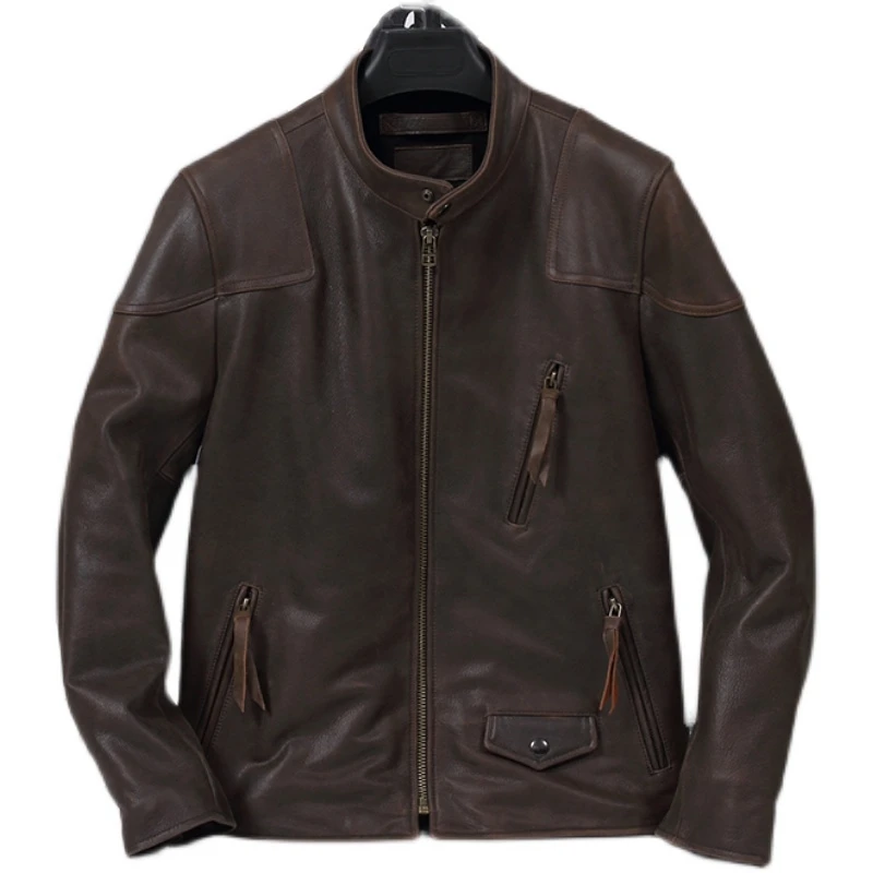

Dark Brown Spring Men's Jacket Motorcycle Style Plus Size 5XL Natural Cowhide Autumn Slim Fit Short Biker Genuine Leather Coats