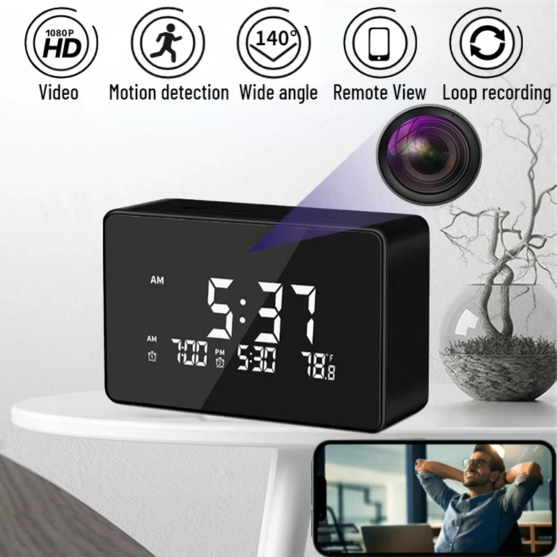 Indoors Thermometer Wifi Mini Camera With Dual Alarm Clock Motion Detection  HD 1080P Home Video Surveillance Clock Baby Monitor - AliExpress