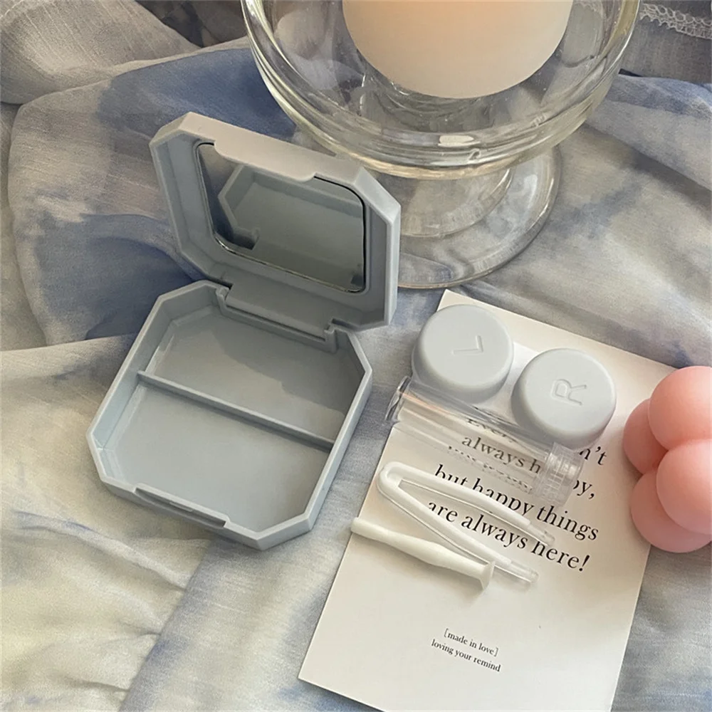 Portable Solid Color Contact Lenses Box Candy Color Cute Contact Lens Case with Tweezer Suction Stick Set for Travel Kit Holder